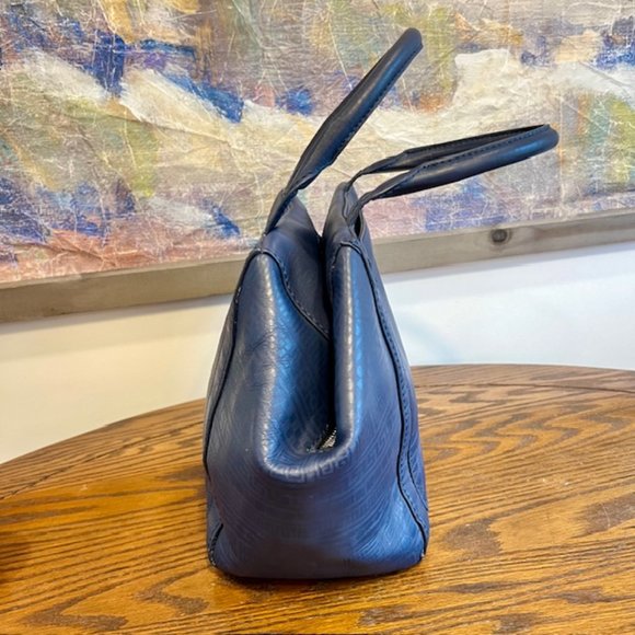 Jonathan Adler purse dark blue leather top handle geometric pattern tote - Picture 4 of 13